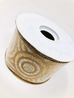 Renee Wired Edge Ribbon in gold and silver with a glittery circular pattern on a white spool.