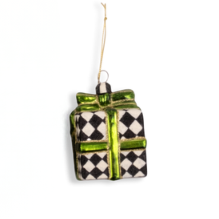 Giftbox glass ornament with black and white checkered pattern and green ribbon detail.