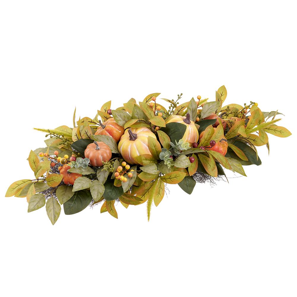 7-inch high autumn centerpiece with orange pumpkins, yellow berries, and green foliage.