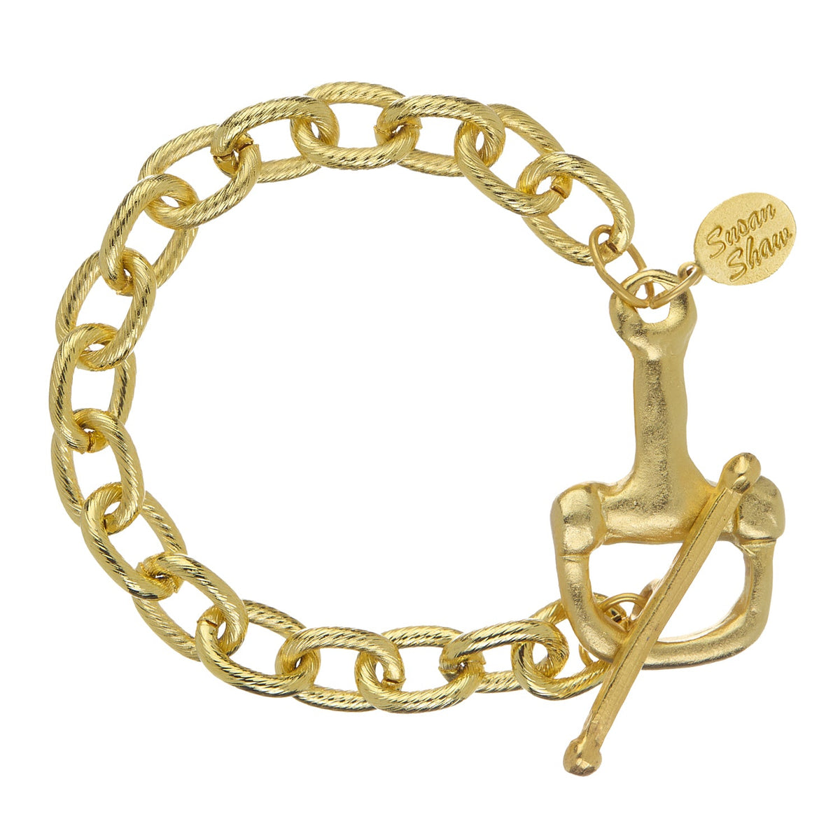 Gold-tone bracelet with textured oval links and a toggle clasp shaped like a horse bit.