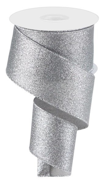 A spool of shimmer glitter ribbon with a silver metallic finish.