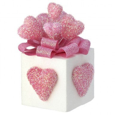 Square glitter gift box with heart patterns made of foam and tinsel.