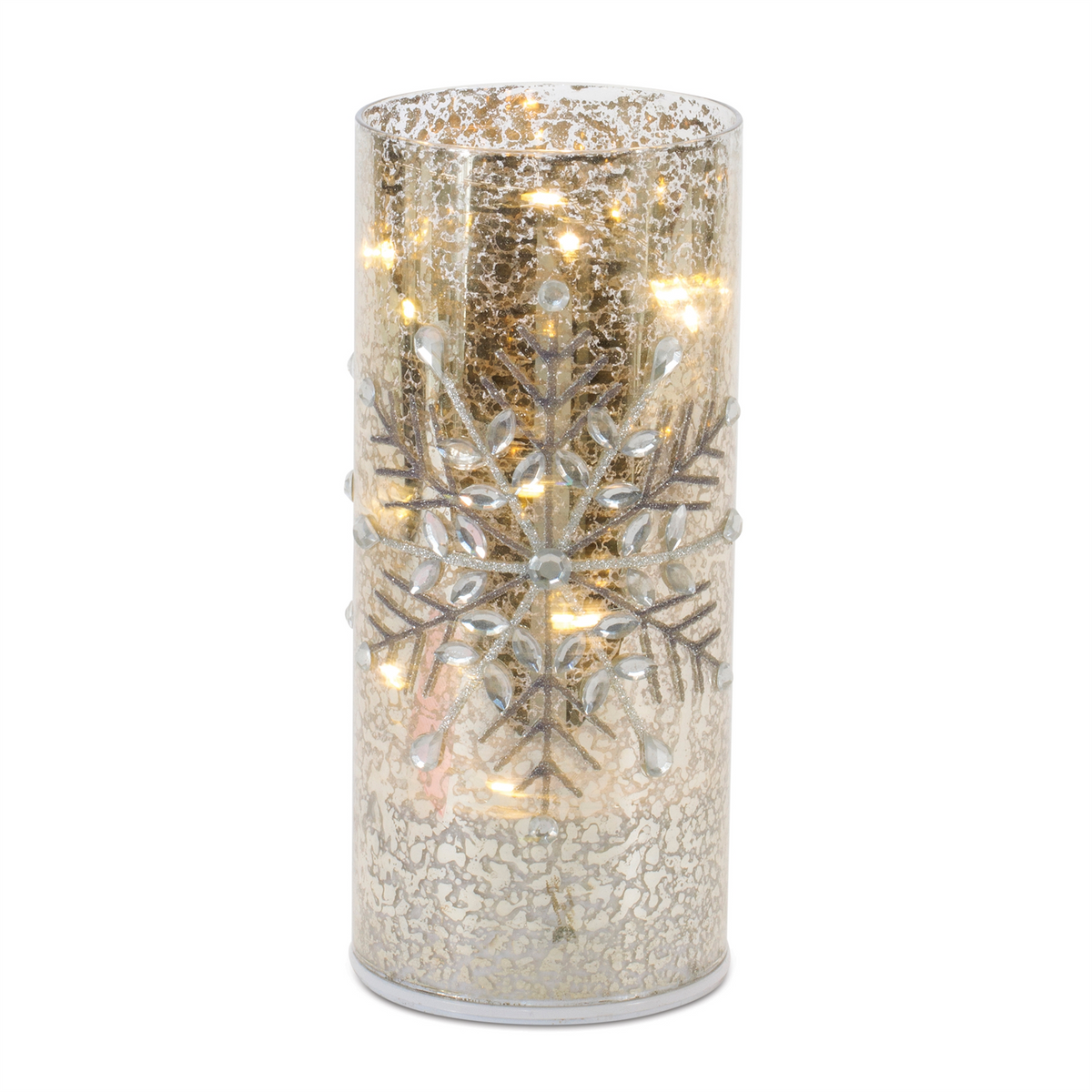 8.5-inch tall cylindrical mercury glass luminary with a jeweled snowflake design and LED lights.