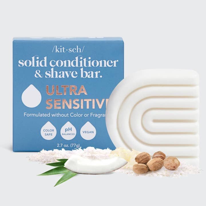 Ultra Sensitive Conditioner & Shave Bar in a white rectangular bar with printed text.