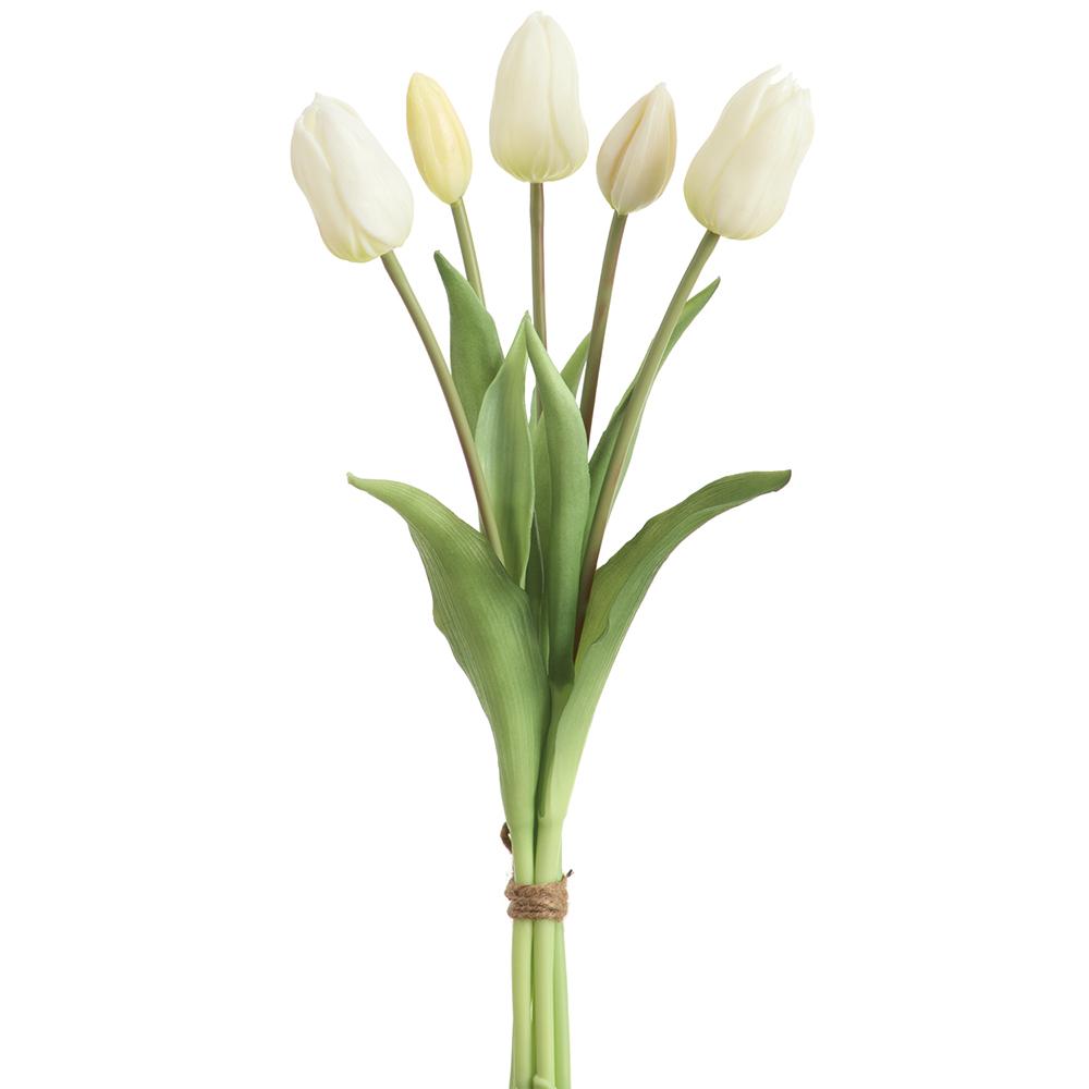 Sixteen-inch artificial Dutch tulip bouquet with realistic petals in a wire structure.