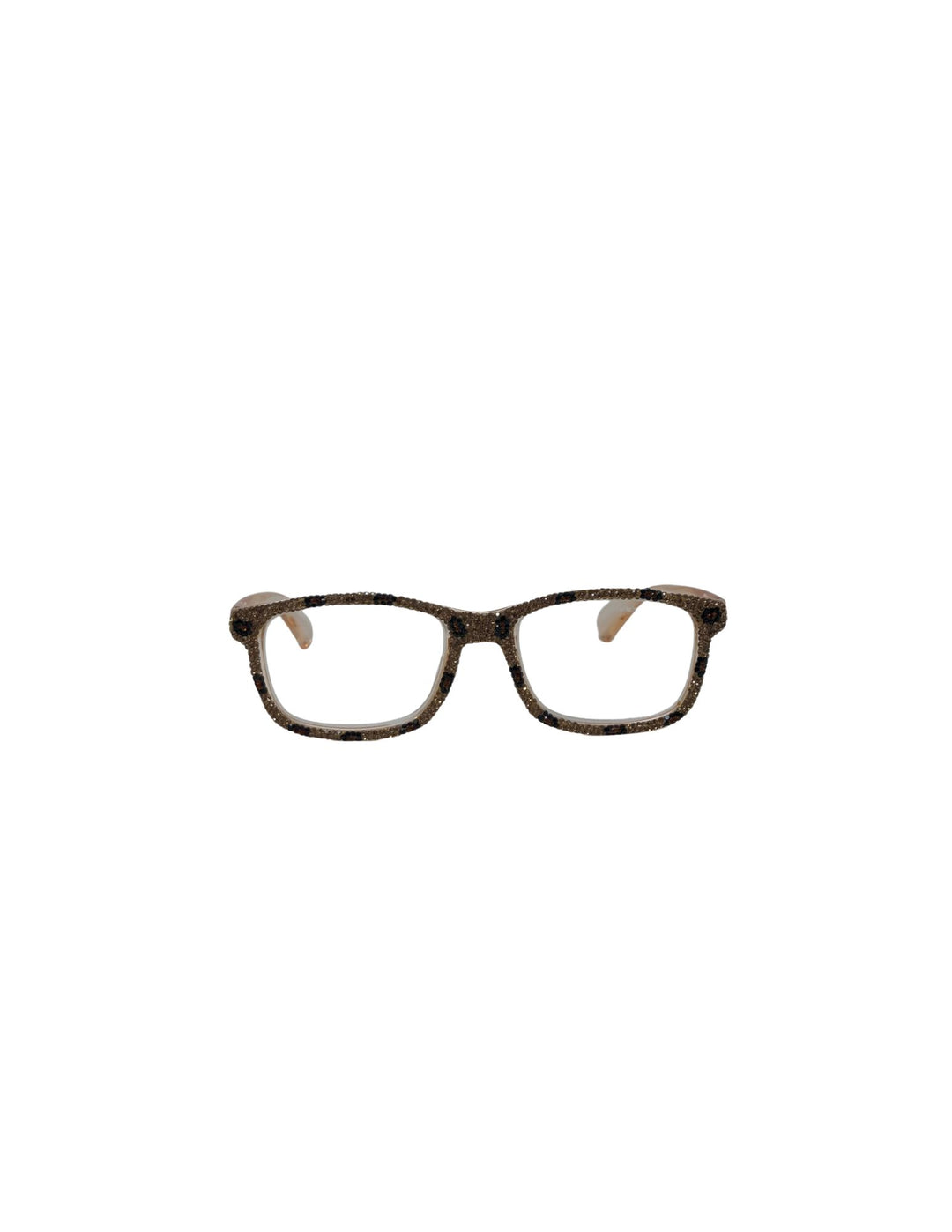 Rectangular reading glasses with leopard print rhinestone frames and clear lenses.