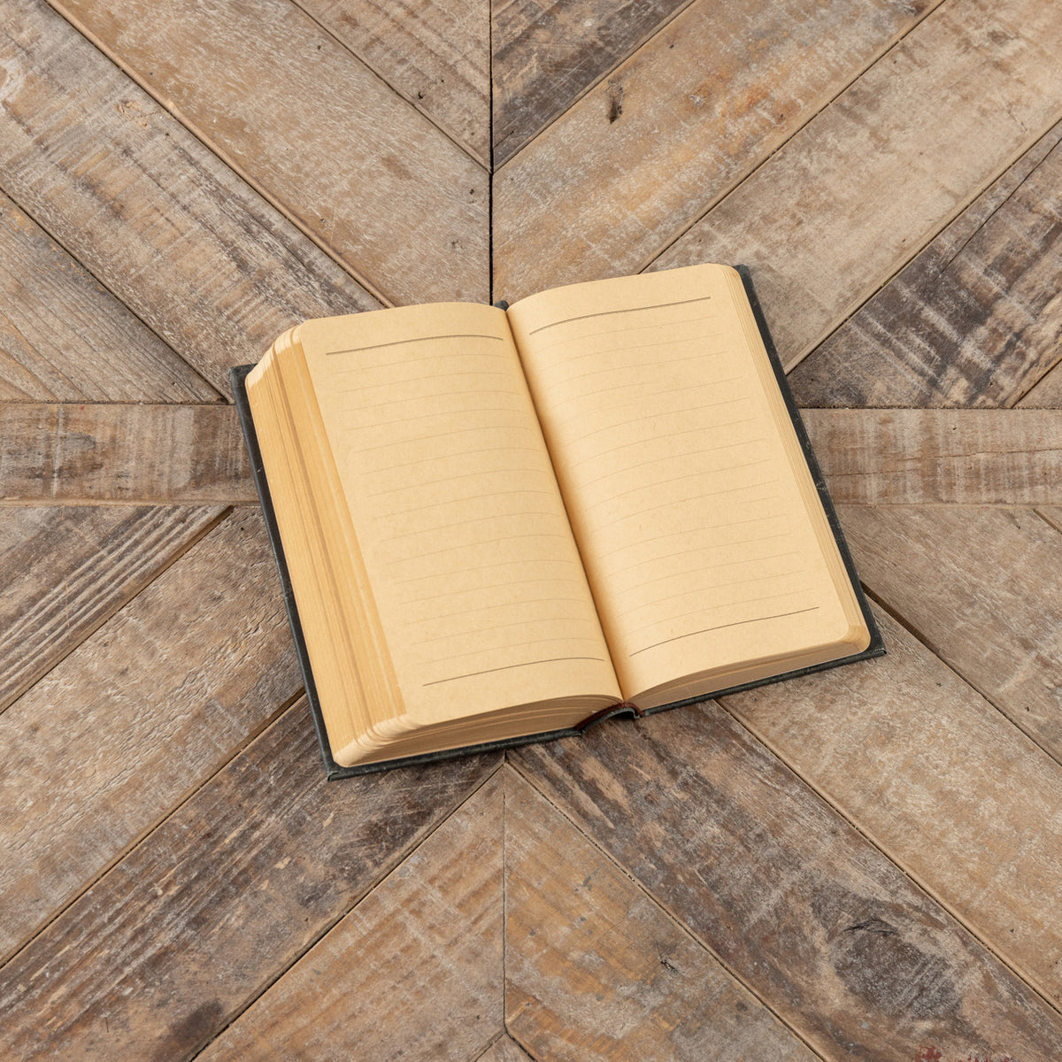 Open 7-inch The Revolt of a Daughter journal with lined yellowed pages on a rustic wooden surface.