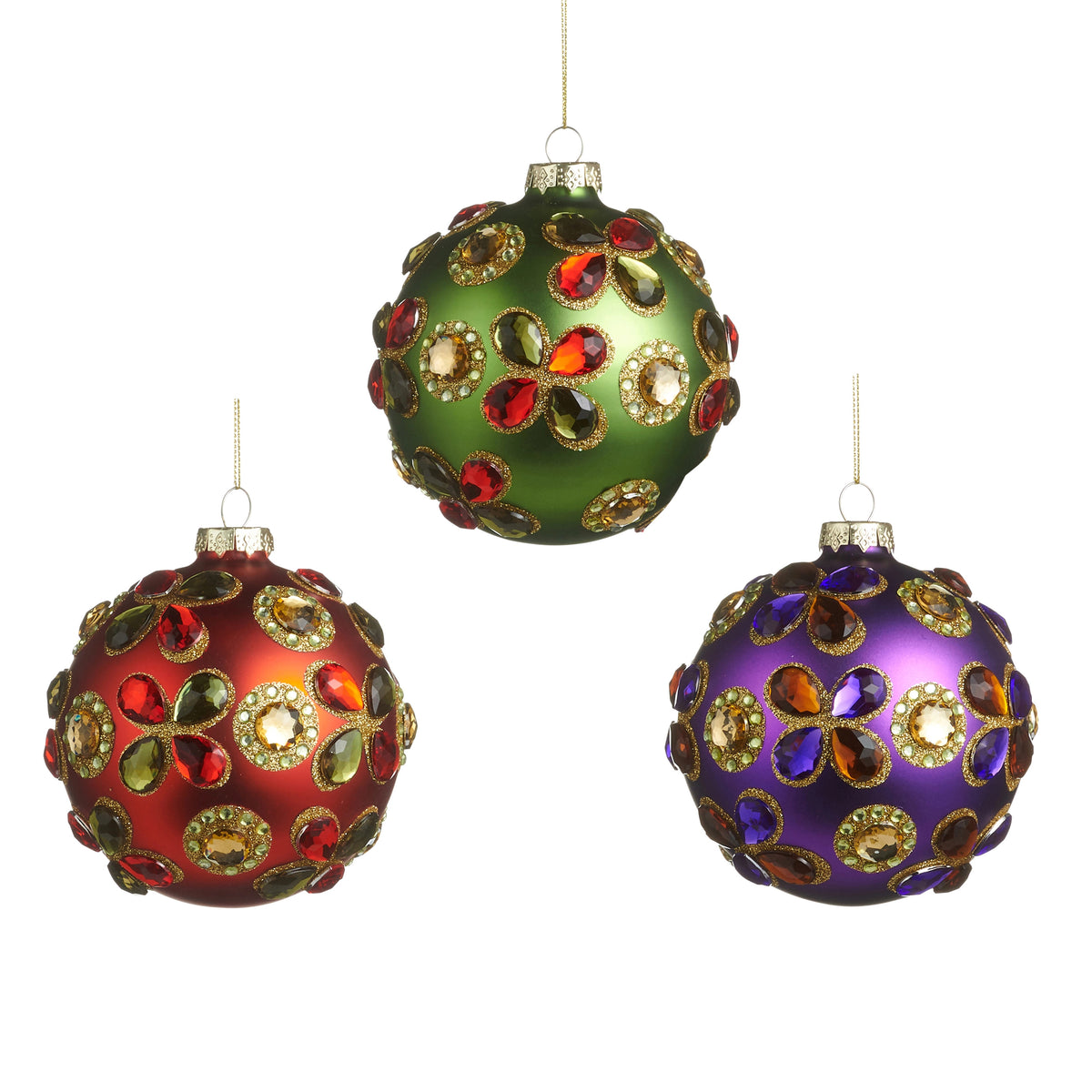 Three 4-inch glass ball ornaments in green, red, and purple with colorful sparkling jewel accents.