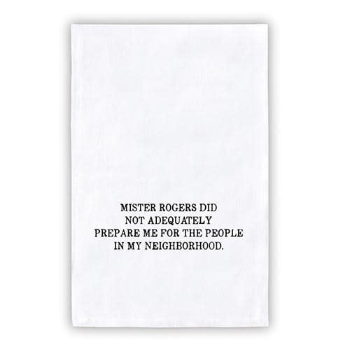 Face to Face Thirsty Boy towel featuring a Mr. Rogers illustration on white cotton fabric.