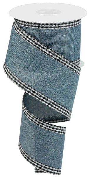 2.5-inch wide blue denim-look polyester ribbon with black and white gingham edges on a spool.