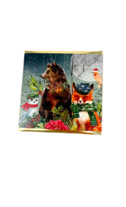 Small soap bar featuring a winter scene with a bear, fox, owl, and bird in festive attire.