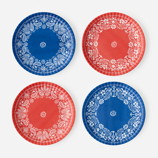 Set of four American Holiday melamine plates with a paper-like pattern in neutral tones.