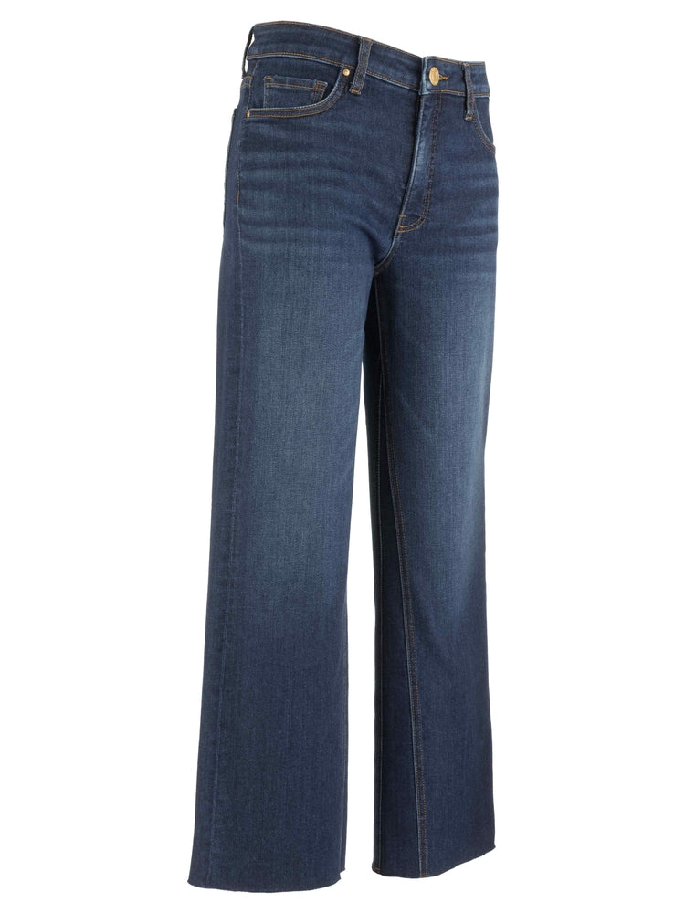 Kelsey high-rise dark wash ankle flare jeans with a wide leg and clean finish.