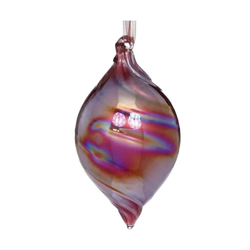 4-inch iridescent glass swirl ornament with purple and pink hues and a hanging ribbon.
