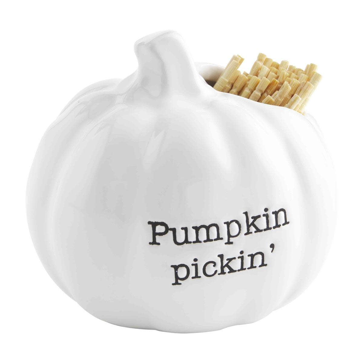 Ceramic fall toothpick holder shaped like a pumpkin with orange dolomite finish.
