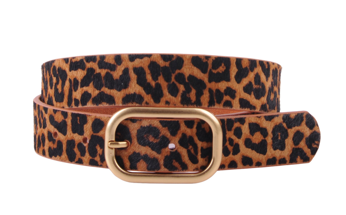 Leopard print calf hair belt with a gold-tone rectangular buckle.