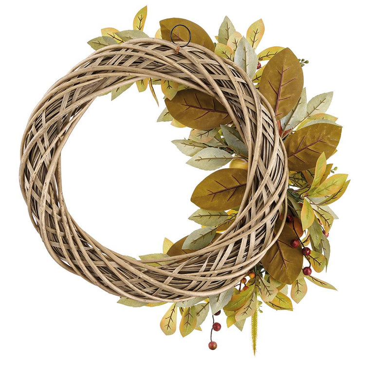 24-inch wicker half wreath with orange and green autumn leaves, pumpkins, and red berries.