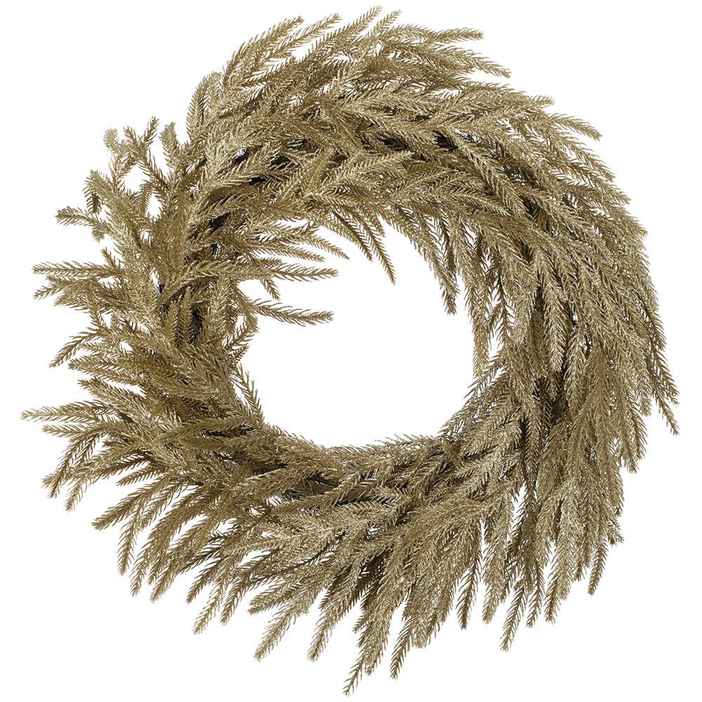 24-inch gold glittered willow pine wreath with shimmering artificial needles.