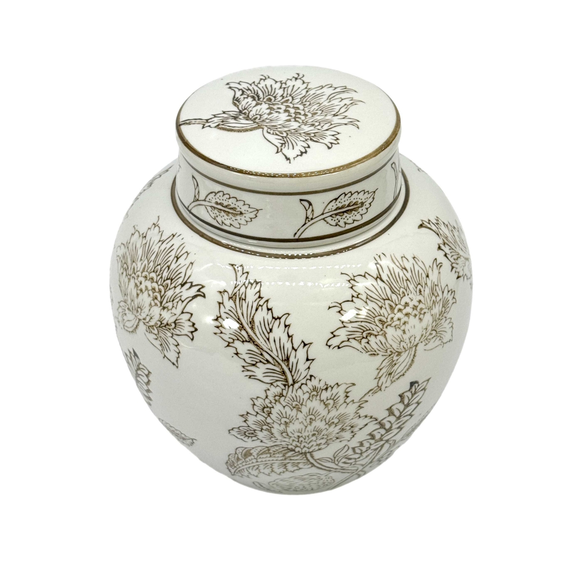 10-inch white ceramic urn-style jar with brown floral chinoiserie pattern and matching lid.