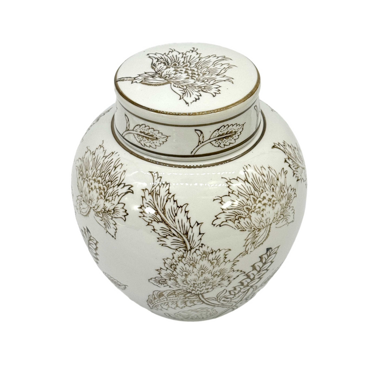 10-inch white ceramic urn-style jar with brown floral chinoiserie pattern and matching lid.