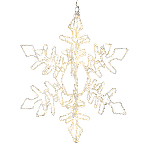 19.5-inch hanging snowflake decoration with warm white LED lights on a white frame.
