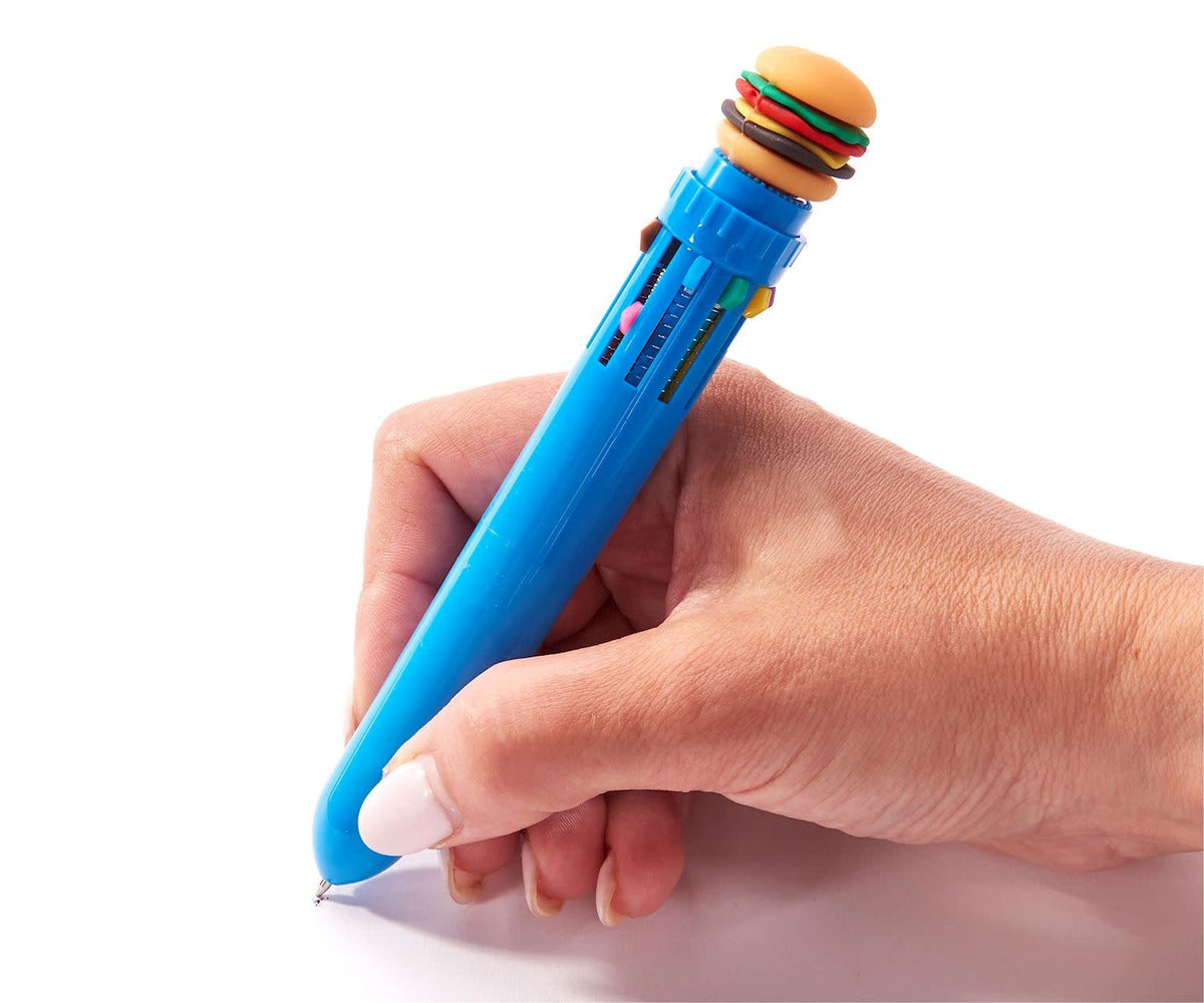 Black multi-color food pen with ten ink colors and a retractable nib mechanism.