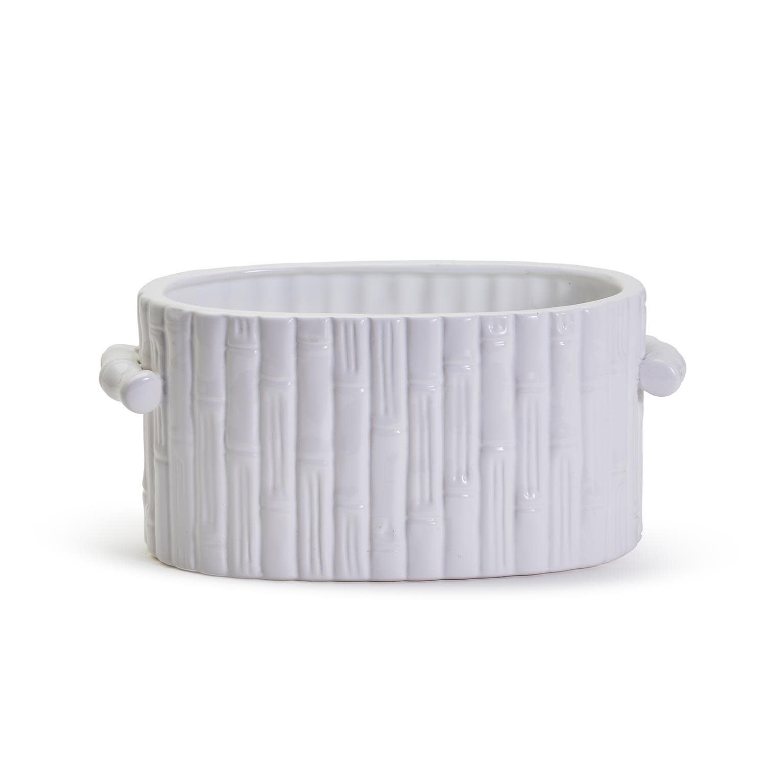 Ceramic oval cachepot with faux bamboo fretwork handles in natural tones.
