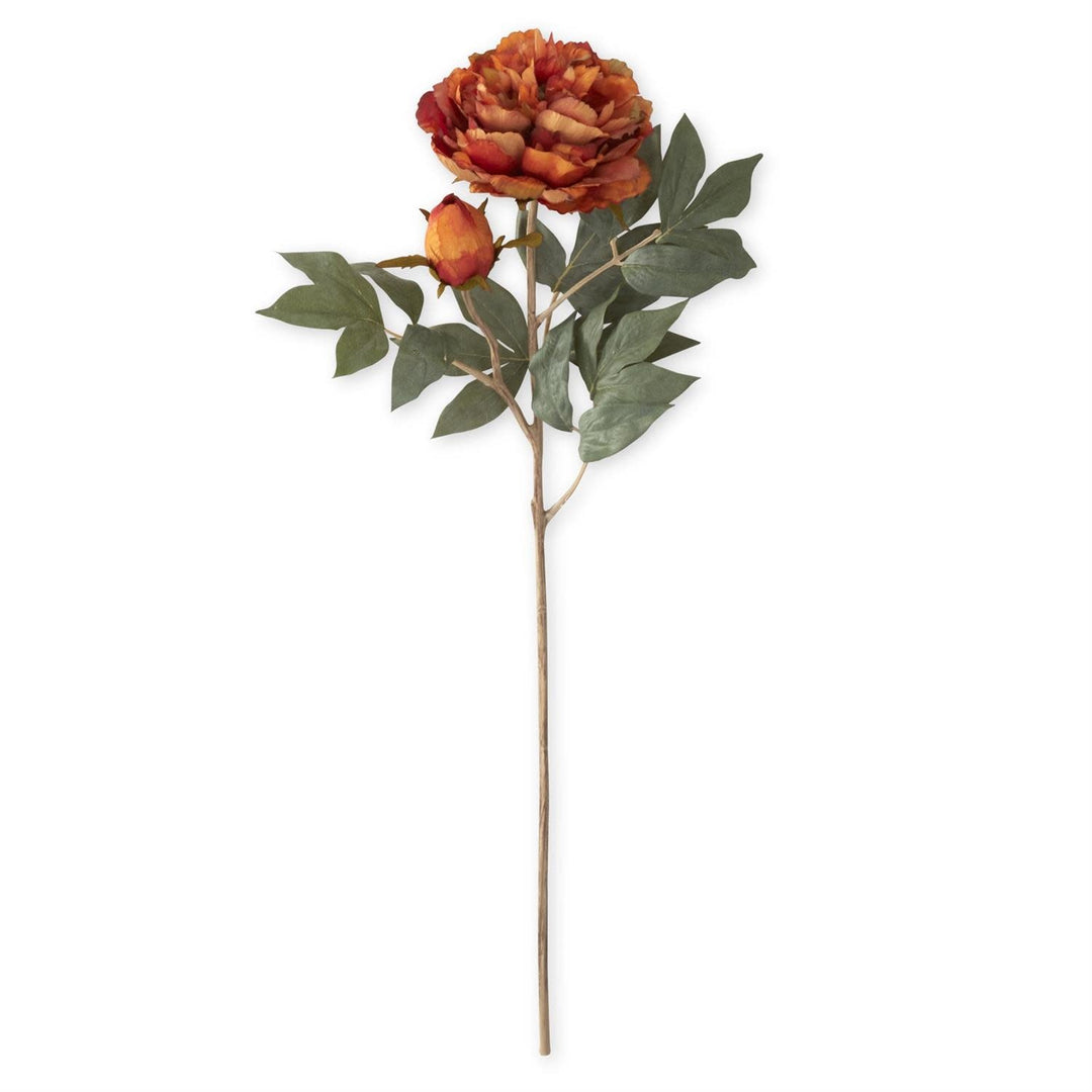 Faux dried orange peony stem with lifelike petals in rich autumnal tones.