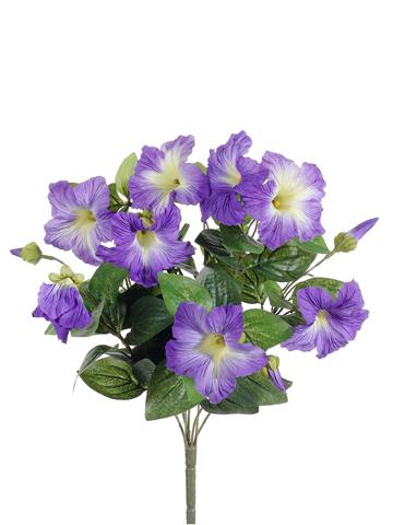 Artificial petunia bush with purple plastic flowers on a wire frame.