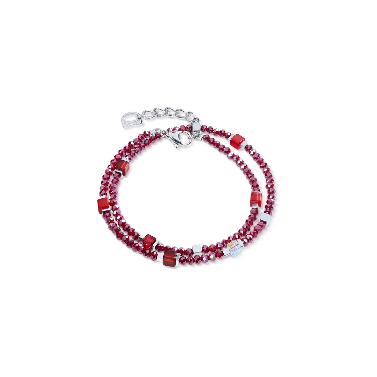 Joyful Colours Flex Bracelet with red faceted beads and silver cube accents on a white background.