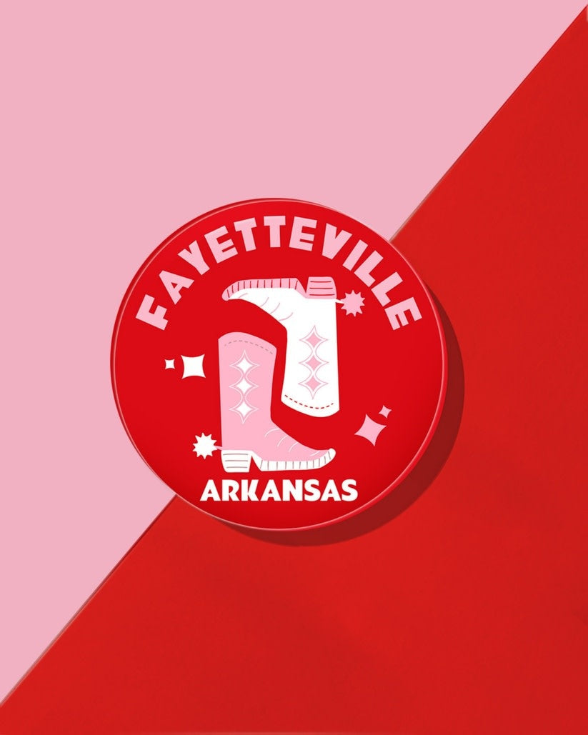 Acrylic drink coaster featuring a Fayetteville Arkansas collegiate logo on a clear background.