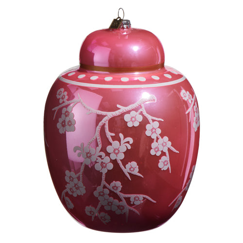 Pink glass ginger jar Christmas ornament with white floral cherry blossom design.