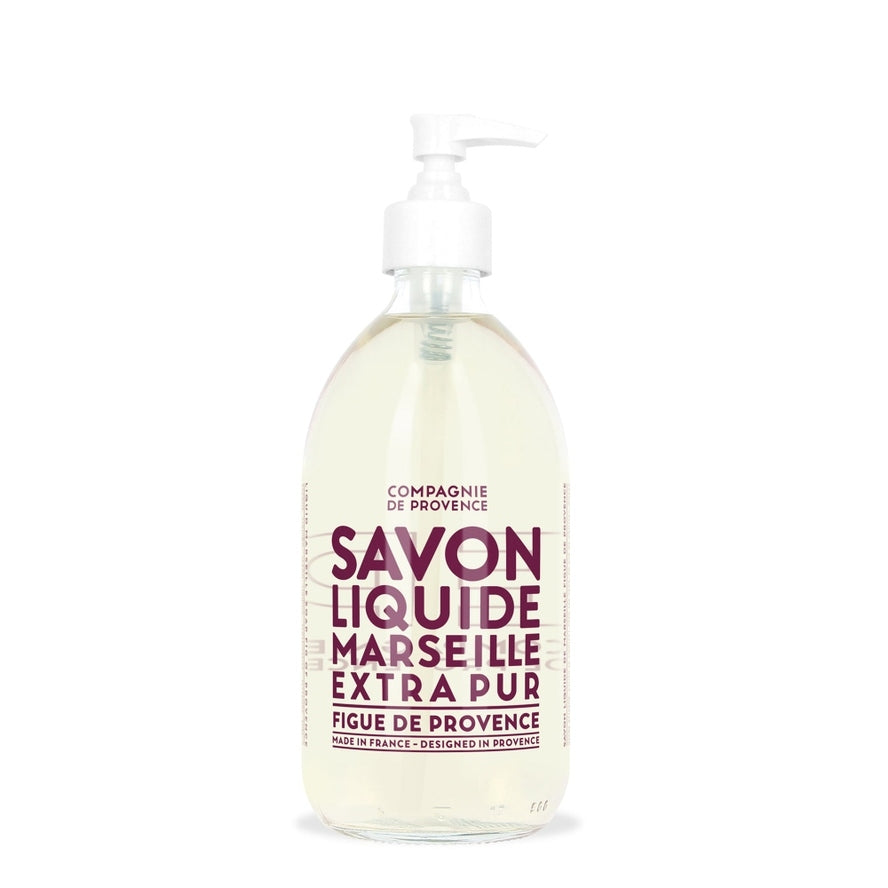 Liquid Marseille Soap Fig of Provence in a 16.7 fl oz glass pump bottle.
