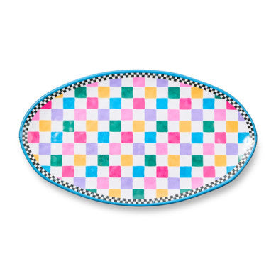 Oval melamine platter with a natural wood grain finish.