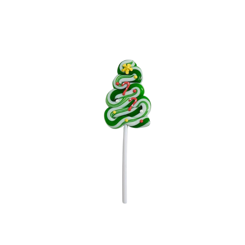 Peppermint Christmas tree swirl lollipop with green and white stripes and icing decorations.