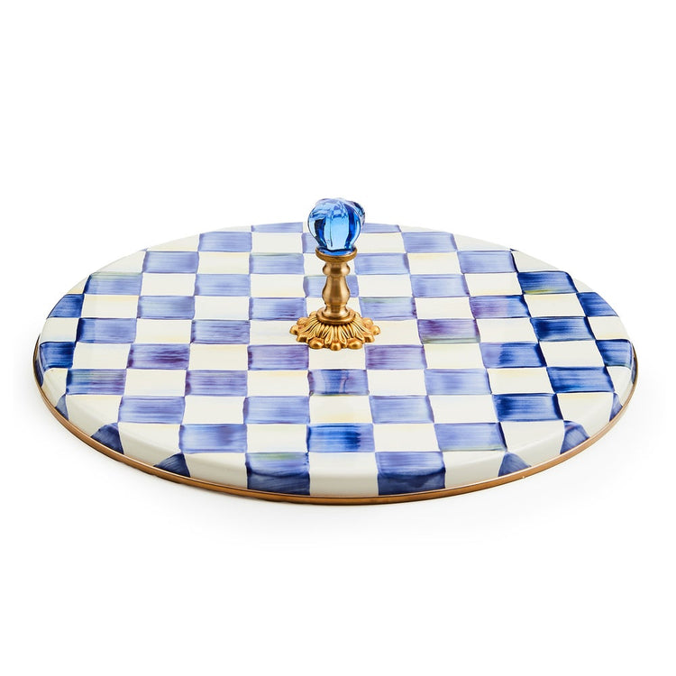 Royal Check enamel cheese course platter with blue and white hand-painted checks and brass handle.