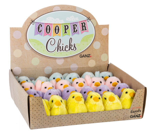 Cooper Chicks plush toys in pastel colors: yellow, pink, purple, and blue, displayed in a cardboard box.
