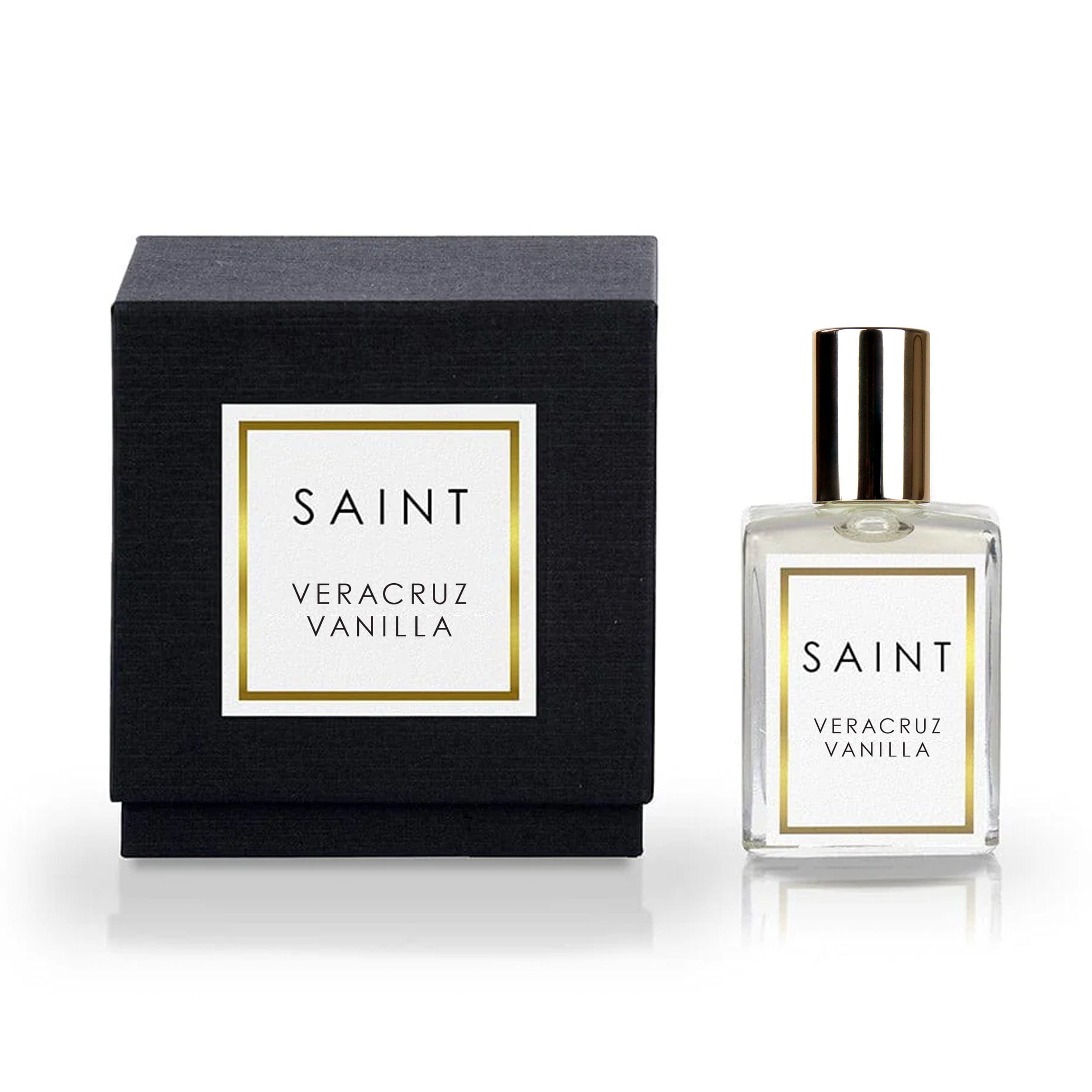 A compact roll-on perfume bottle containing a clear liquid with a silver cap.