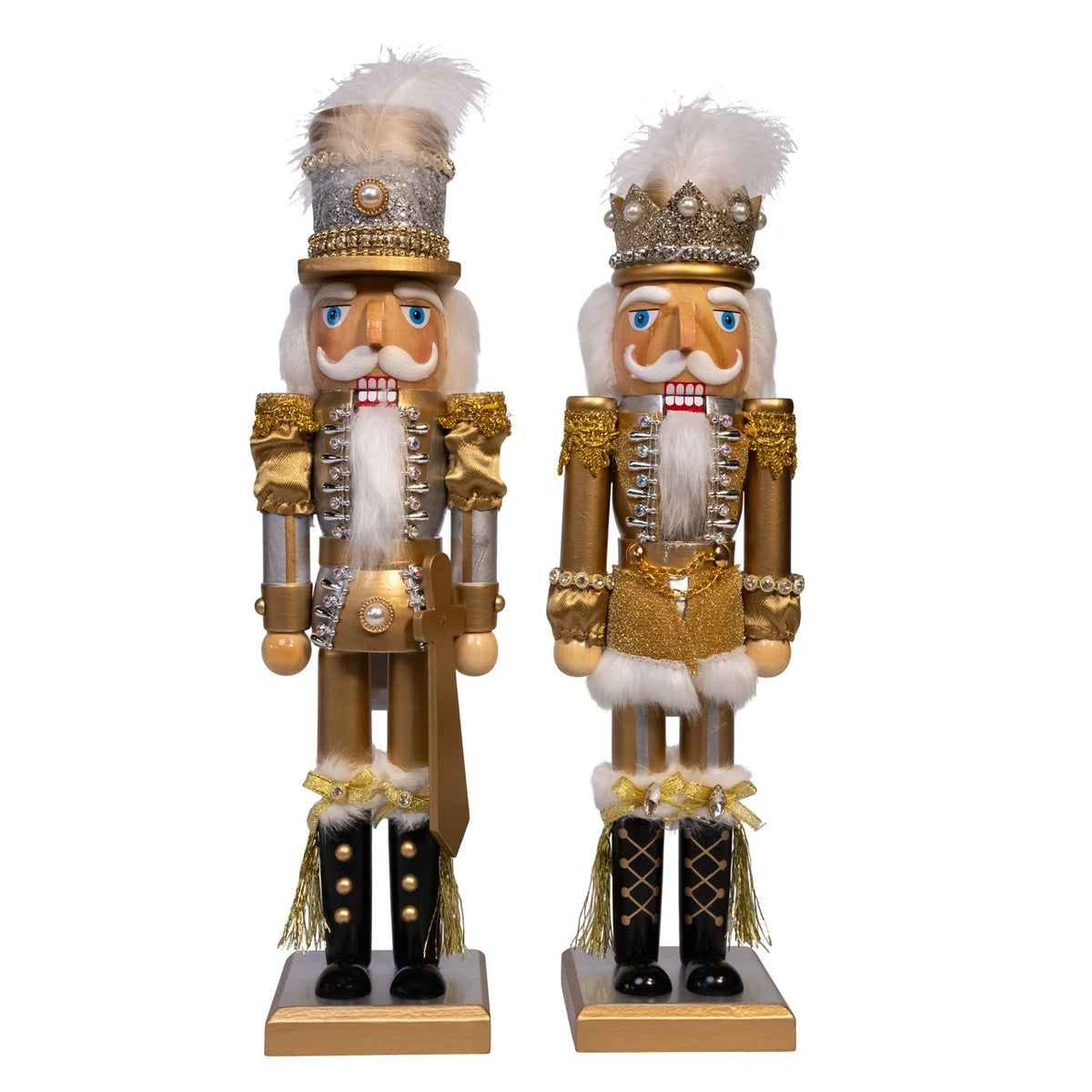 Two 15-inch gold nutcrackers with white fur trim, one wearing a tall hat and one wearing a crown.
