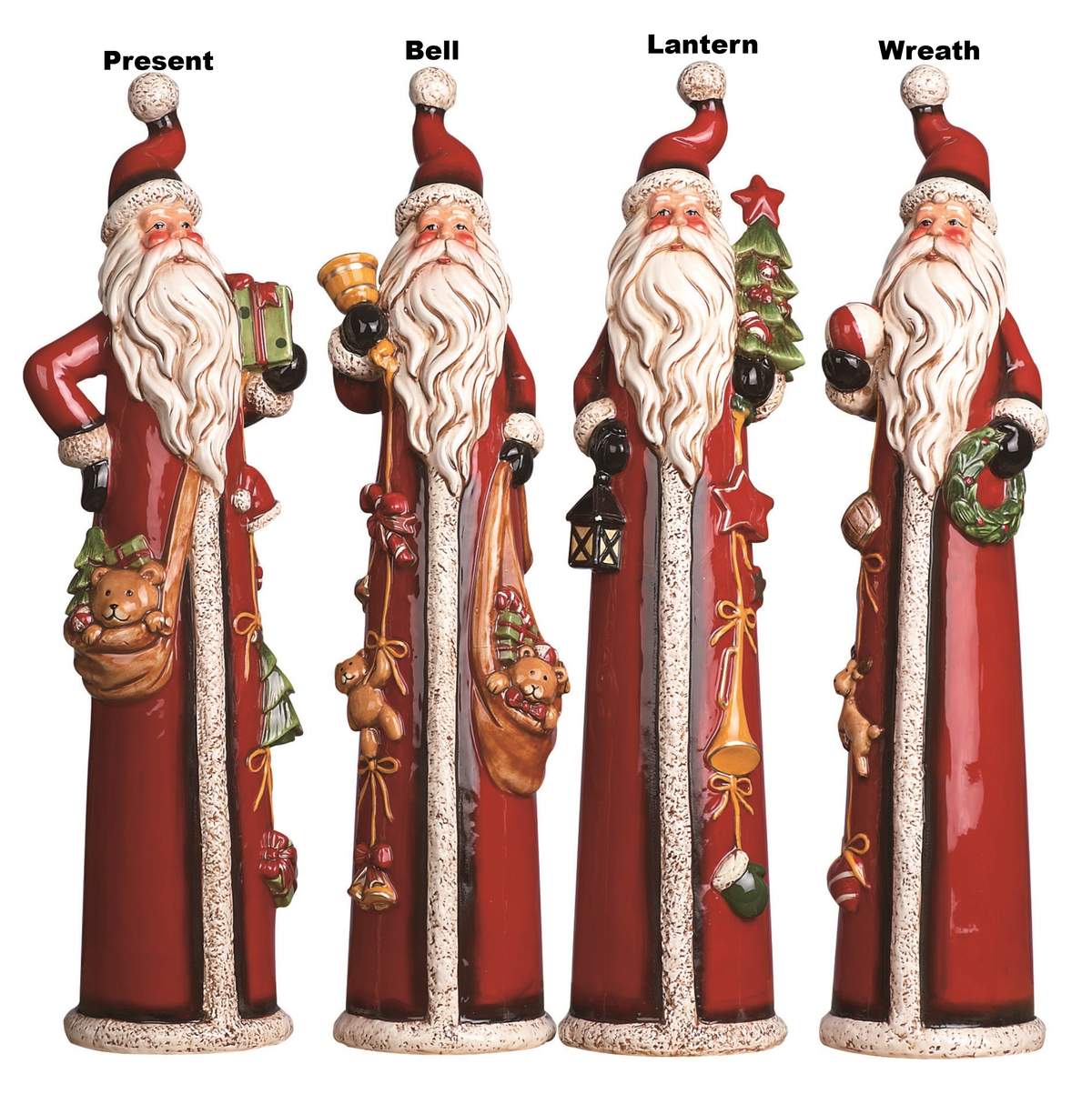 Four tall, slim dolomite Santa figurines holding a present, bell, lantern, or wreath.