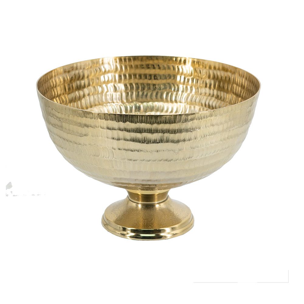 Handmade gold aluminum pedestal bowl with a textured, hammered finish on a circular base.