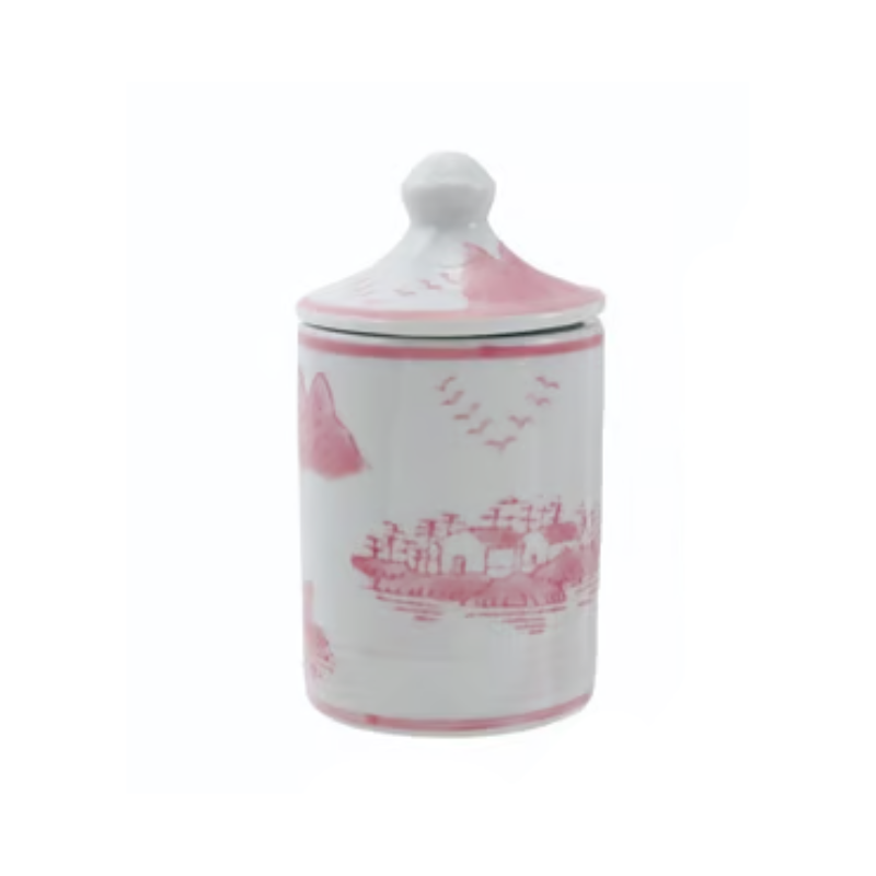 Hand-stamped white stoneware spice jar with pink landscape scene and matching lid.