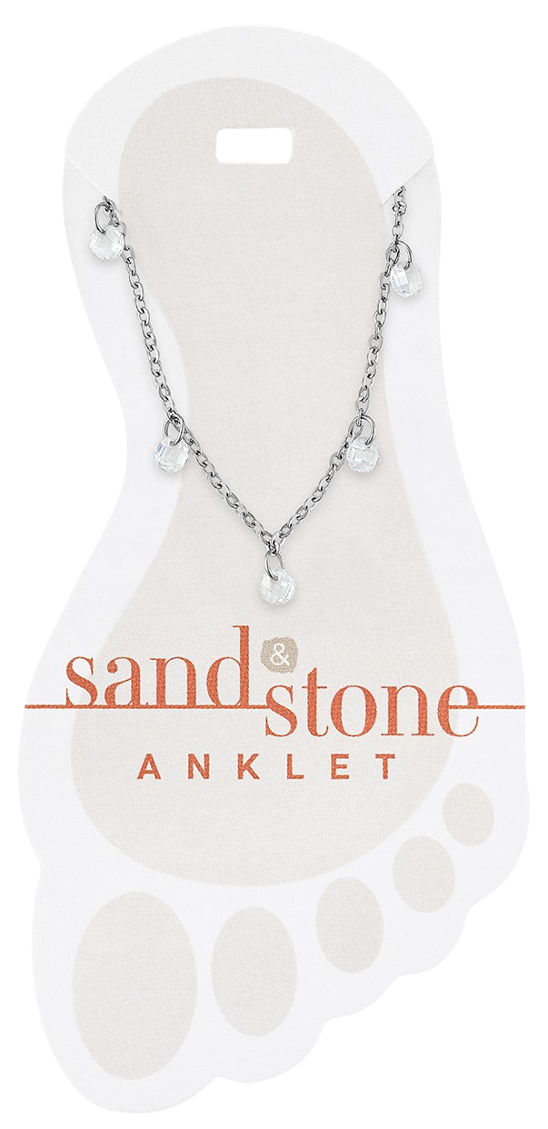 Silver chain anklet with five clear cubic zirconia dangle charms on a foot-shaped card.