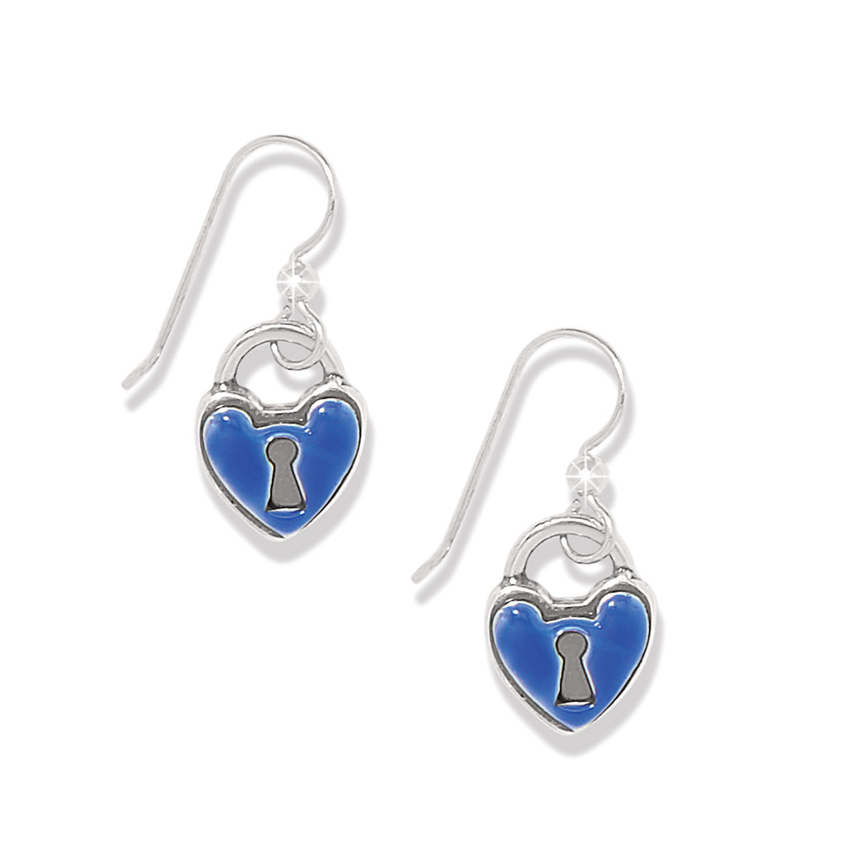 One Heart Padlock French Wire Earrings in silver-plated metal with blue enamel heart charms.