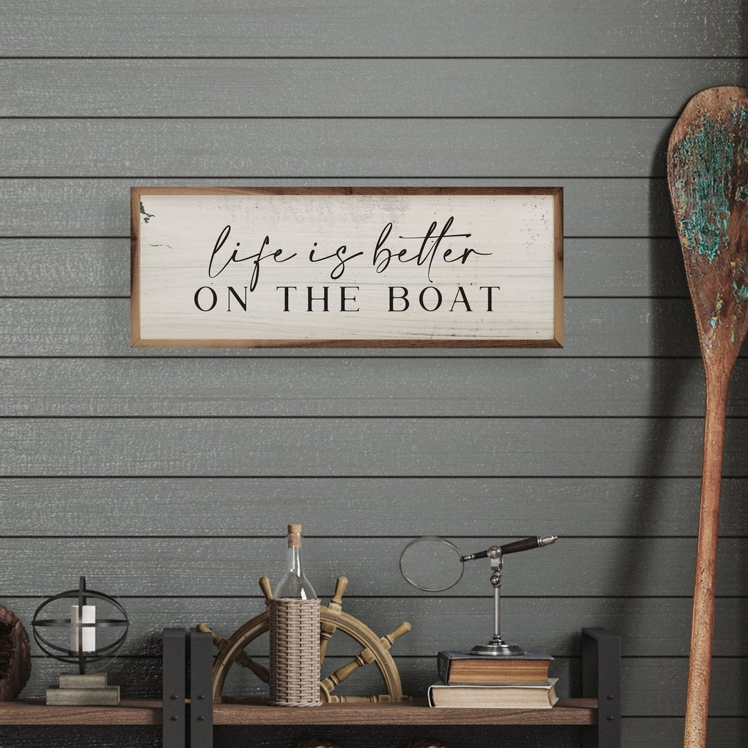 Hand-painted whitewash American hardwood plank sign with natural walnut frame.
