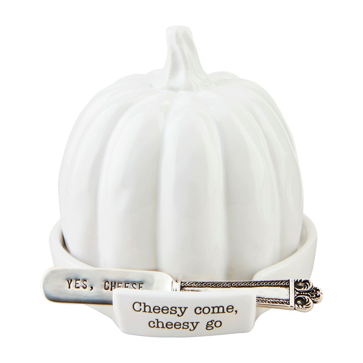 Dolomite cheese ball cloche set with a round dome lid and spreader tool.