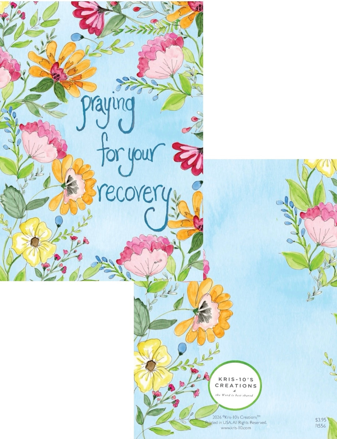 Floral greeting card with watercolor flowers and the text "praying for your recovery".