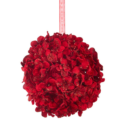 6.75-inch red polyester ball ornament with glittered floral pattern