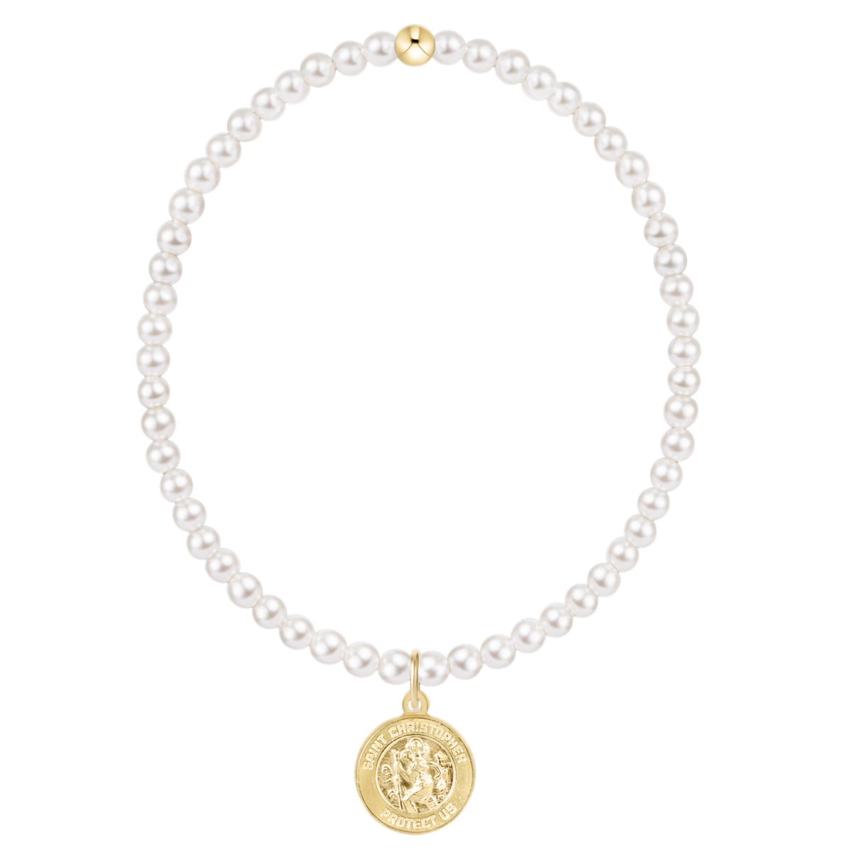 Classic Pearl 3mm Bracelet with a gold St. Christopher protection disc charm.