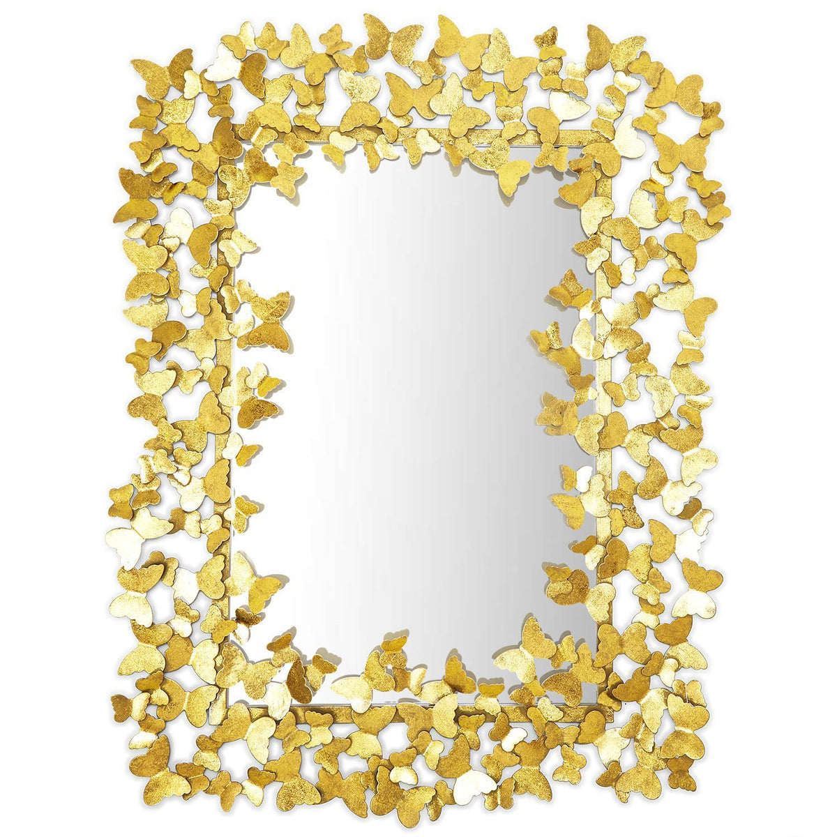 Gold metal wall mirror with a butterfly-shaped frame surrounding a rectangular reflective surface.
